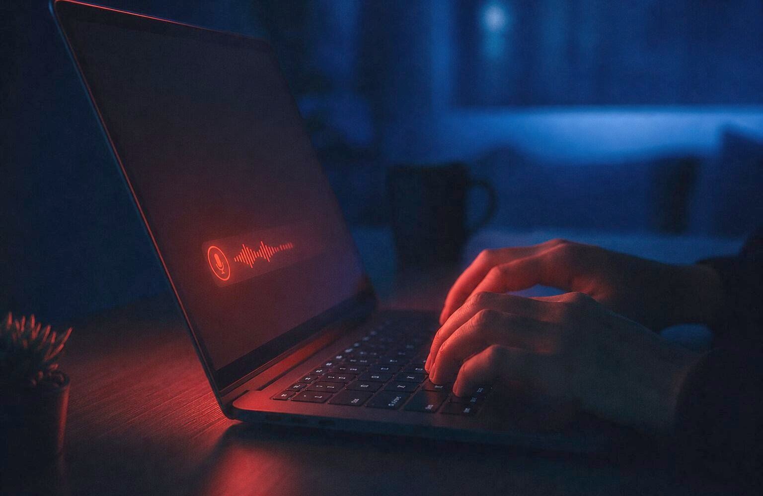 Eine Hand tippt nachts auf einer Laptop-Tastatur, auf dem Bildschirm leuchtet ein Sprachnachrichten-Symbol