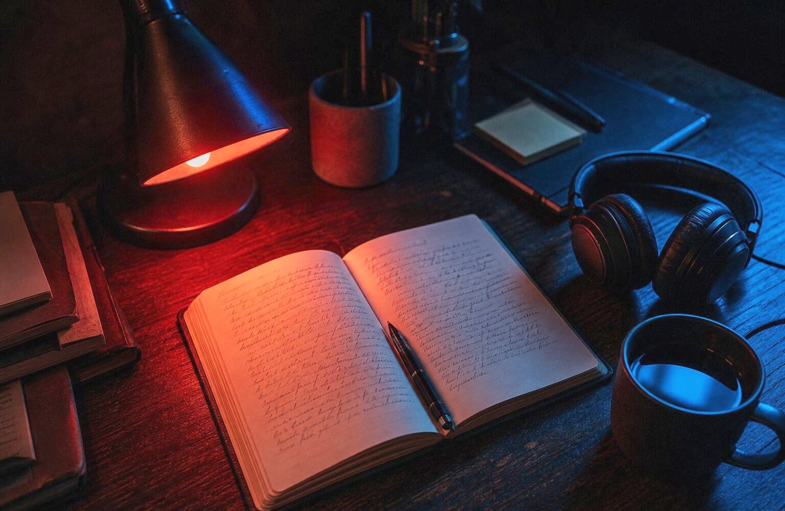 Ein Schreibtisch von oben mit aufgeschlagenem Notizbuch, Kopfhörern und einer Tasse Kaffee