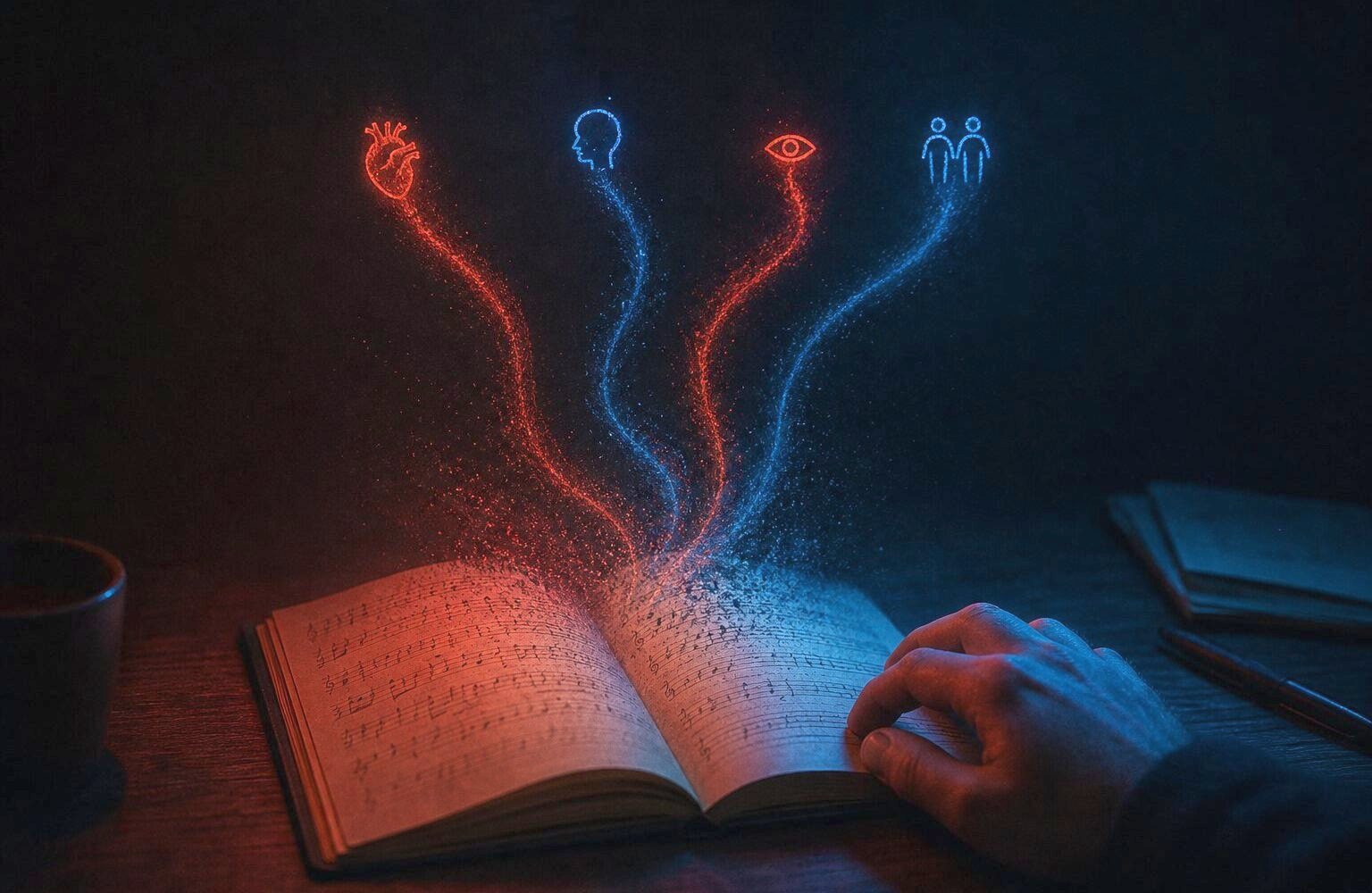Ein aufgeschlagenes Notizbuch mit Notenschrift, aus der leuchtende Linien zu Symbolen für Gefühl, Denken und Verbindung aufsteigen