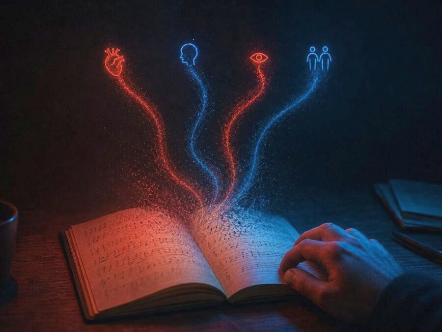 Ein aufgeschlagenes Notizbuch mit Notenschrift, aus der leuchtende Linien zu Symbolen für Gefühl, Denken und Verbindung aufsteigen