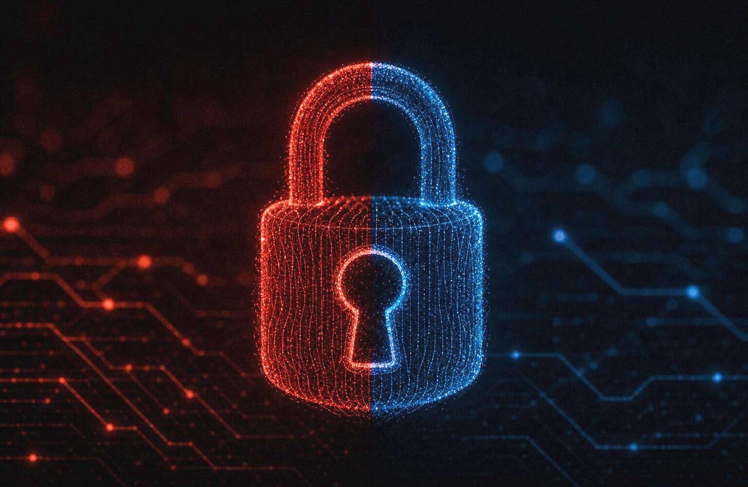 Ein abstraktes Vorhängeschloss aus leuchtenden Partikellinien, Symbol für digitalen Datenschutz