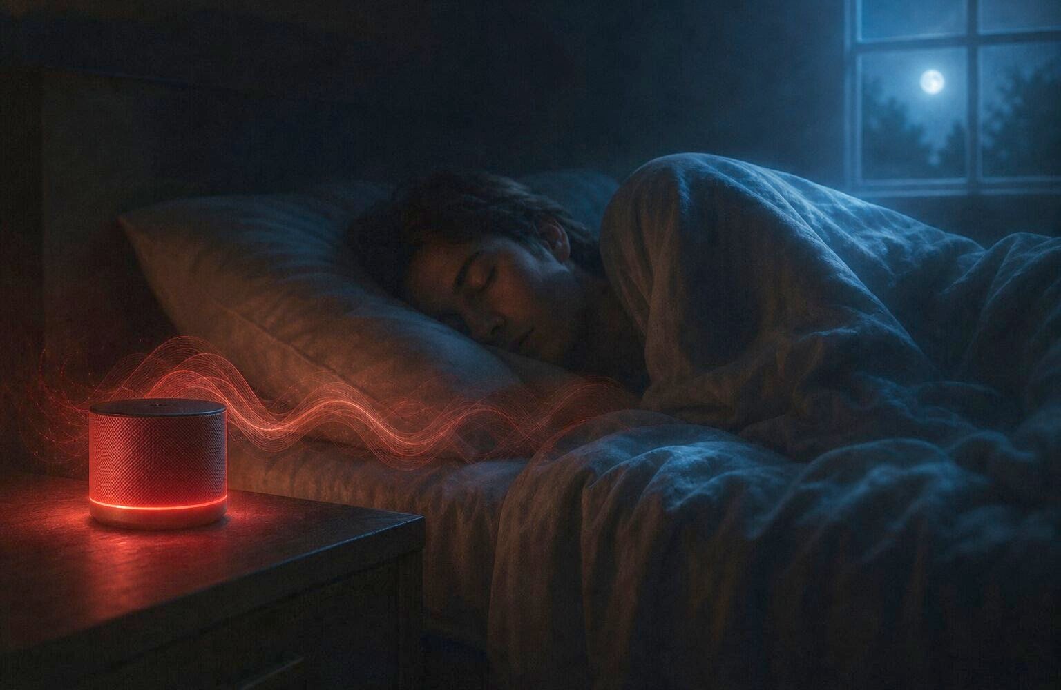 Eine schlafende Person im Bett neben einem leuchtenden Lautsprecher, Mondlicht fällt durchs Fenster