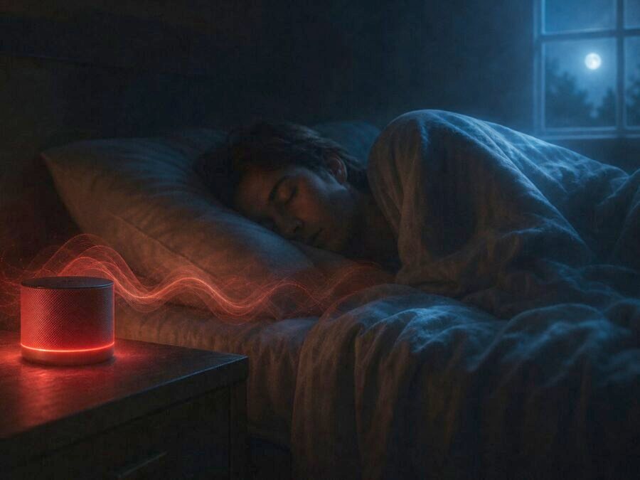 Eine schlafende Person im Bett neben einem leuchtenden Lautsprecher, Mondlicht fällt durchs Fenster