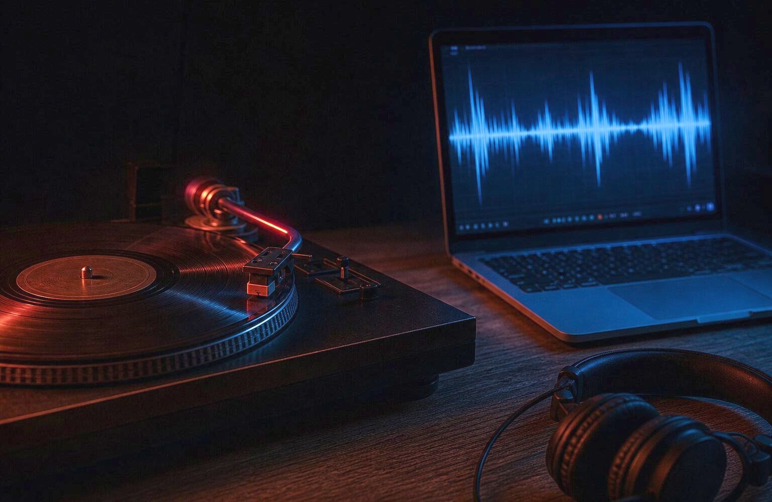Ein Vinyl-Plattenspieler neben einem Laptop mit Schallwellen-Anzeige, Symbol für alte und neue Musikpsychologie