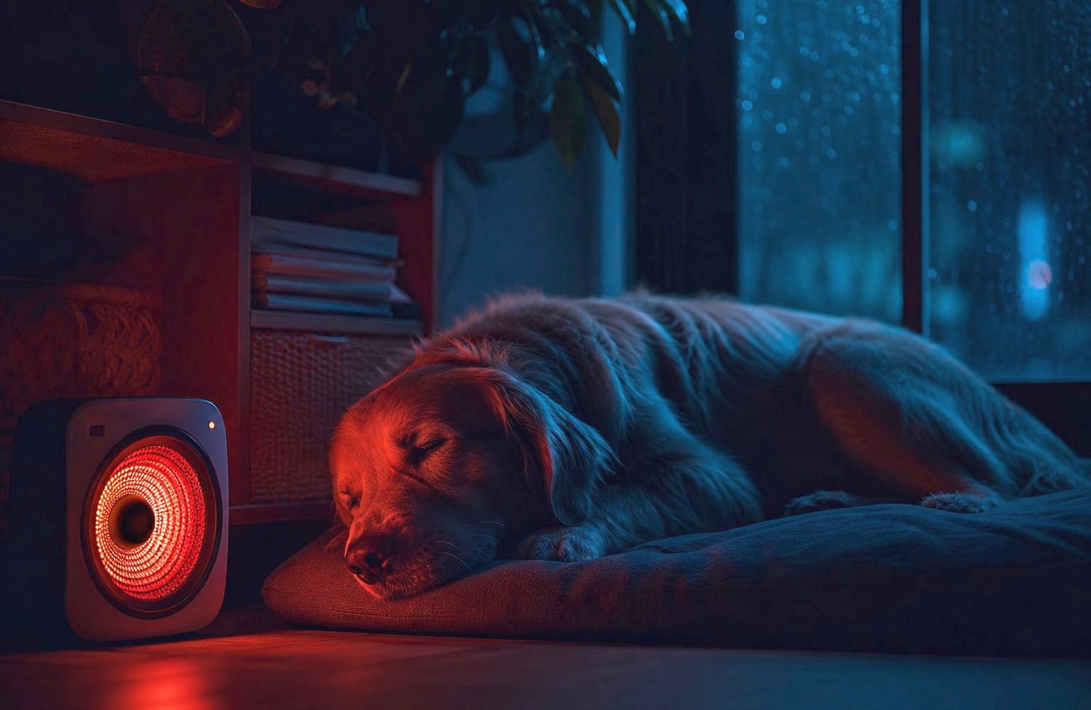 Ein entspannter Hund liegt neben einem sanft leuchtenden Lautsprecher in einem gemütlichen Zuhause