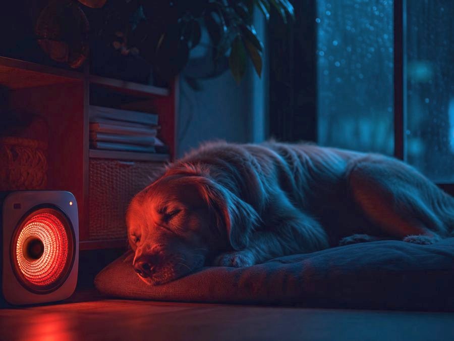 Ein entspannter Hund liegt neben einem sanft leuchtenden Lautsprecher in einem gemütlichen Zuhause