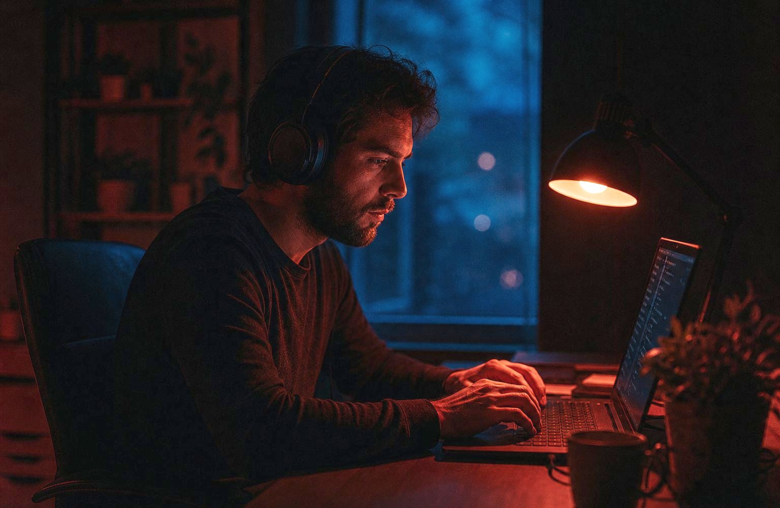 Eine fokussierte Person am Schreibtisch mit Kopfhörern im Homeoffice
