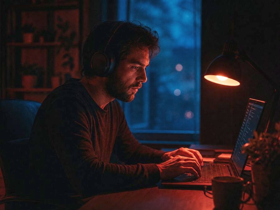 Eine fokussierte Person am Schreibtisch mit Kopfhörern im Homeoffice