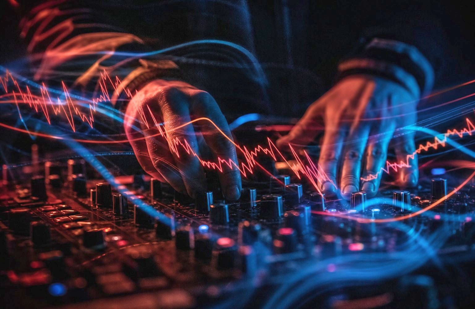 Hände an einem DJ-Mixer mit Lichtspuren aus rotem und blauem Licht, die Trance-Musik symbolisieren