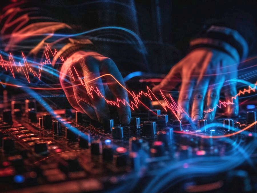 Hände an einem DJ-Mixer mit Lichtspuren aus rotem und blauem Licht, die Trance-Musik symbolisieren