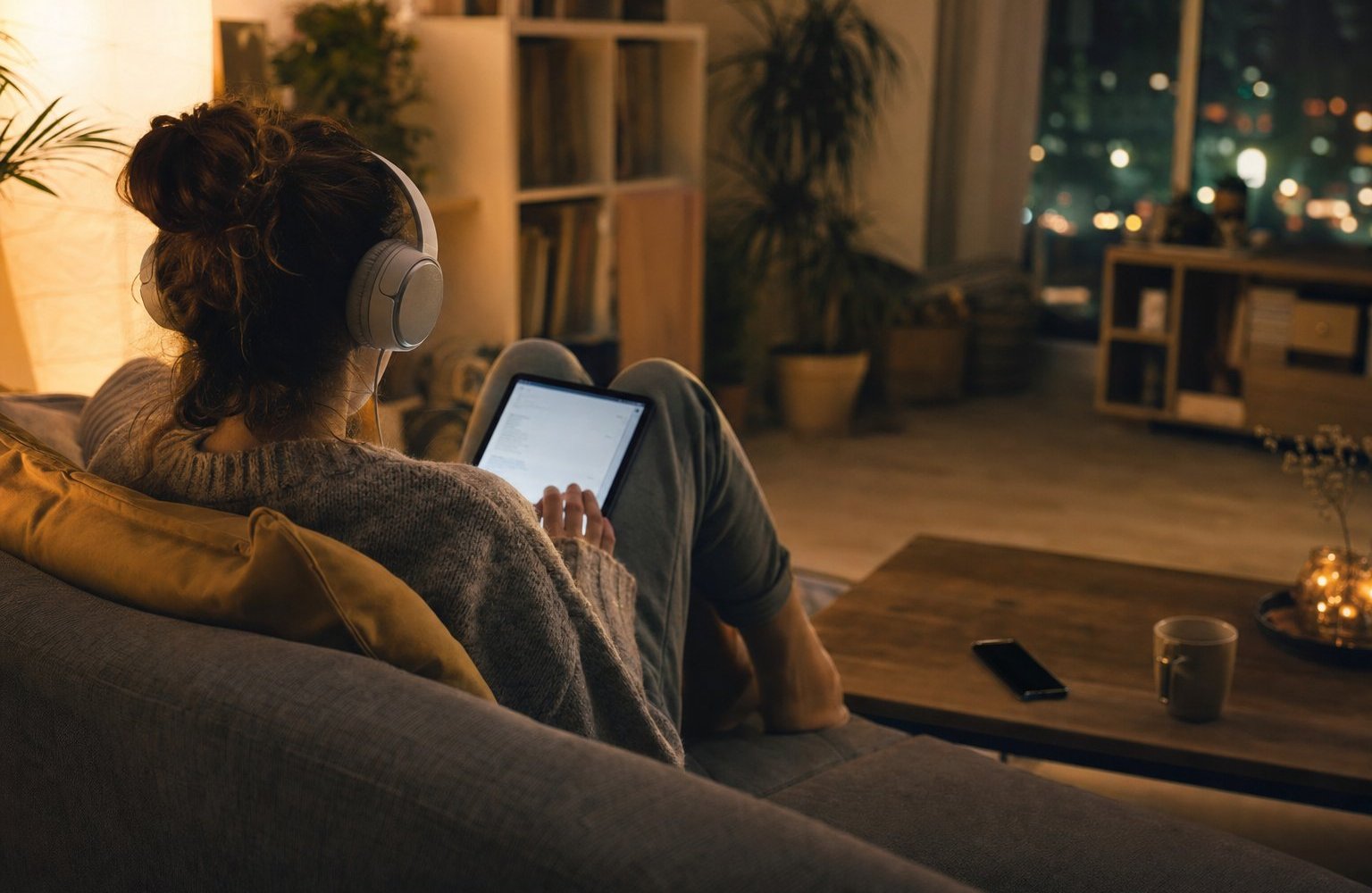 Person entspannt abends auf dem Sofa mit Tablet und Kopfhörern, warmes Wohnzimmerlicht, Smartphone auf dem Couchtisch